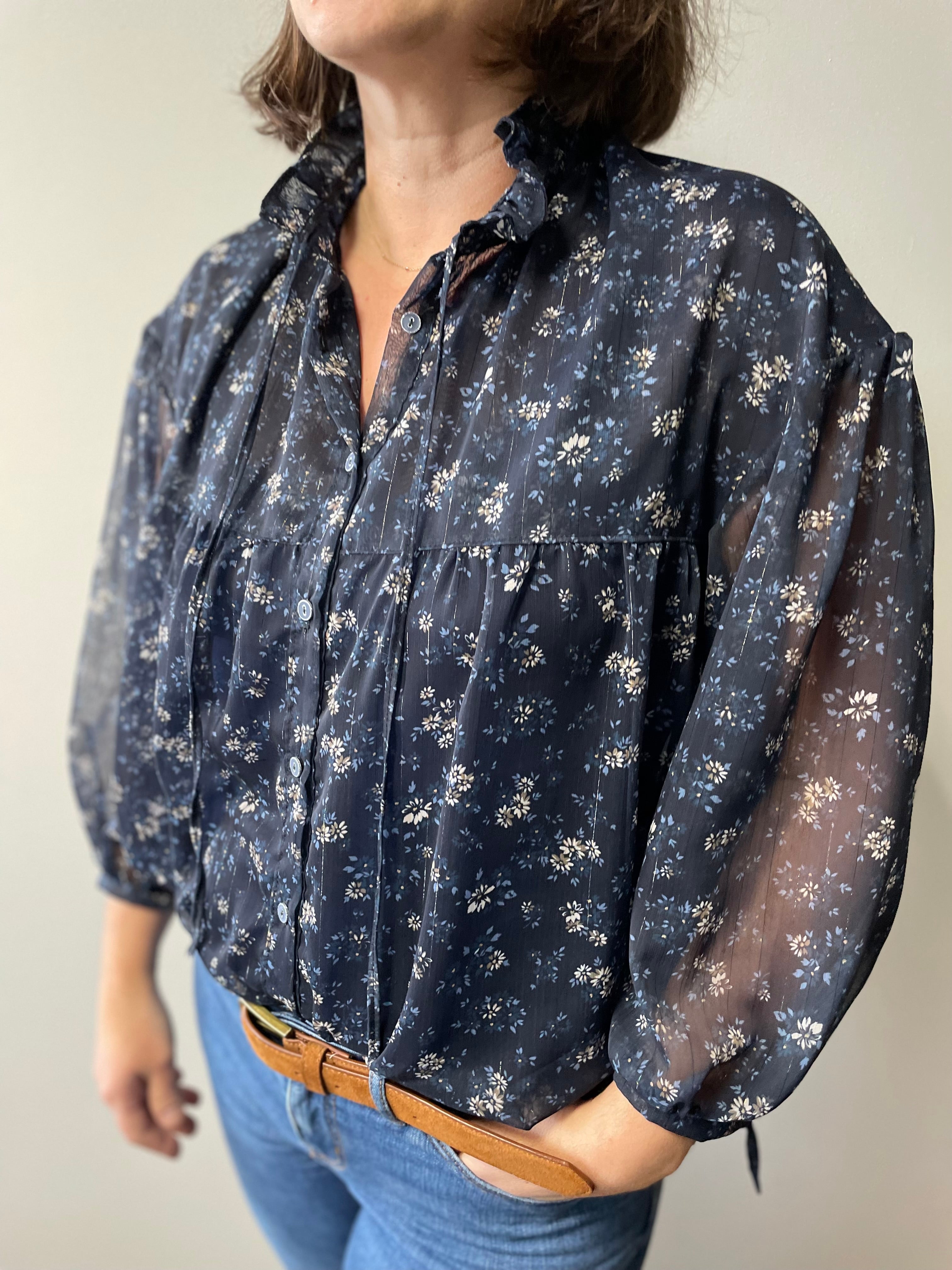 Voile lurex or - Imprimé Simone - Marine