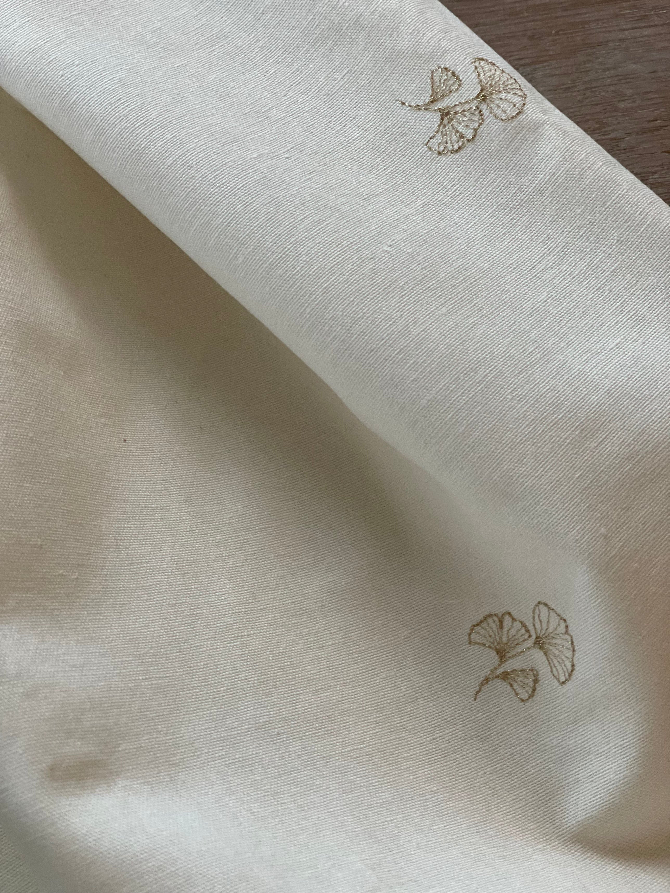 Toile Coton Lin - Brodé Ginko - Ivoire & Or