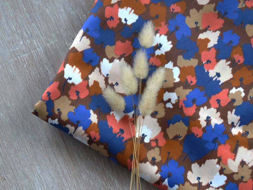 Cotton satin - Charlotte print - Chocolate, caramel and blue (coupons)