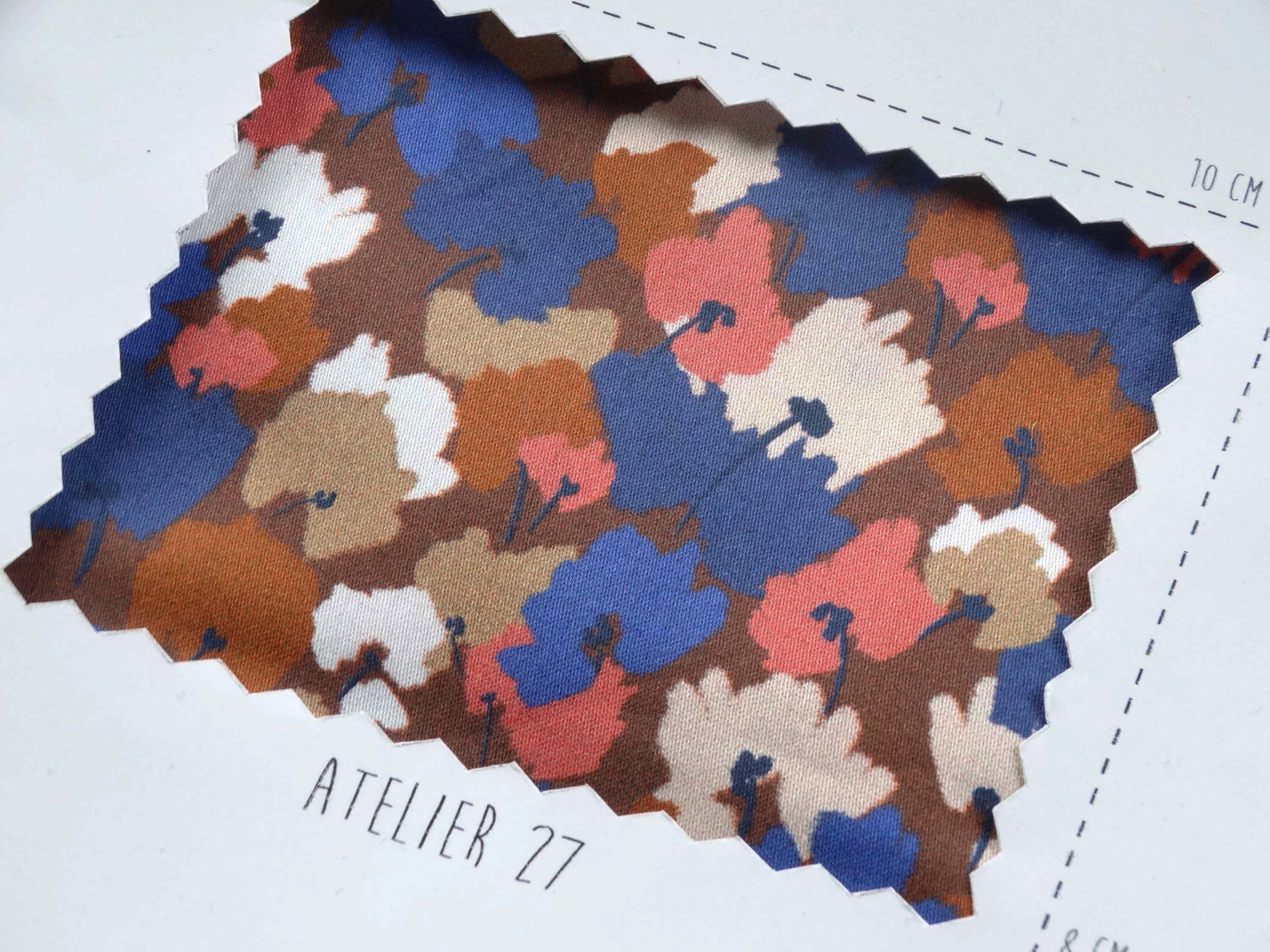 Satin de coton - Imprimé Charlotte - Choco, Caramel et Bleu (Coupons)