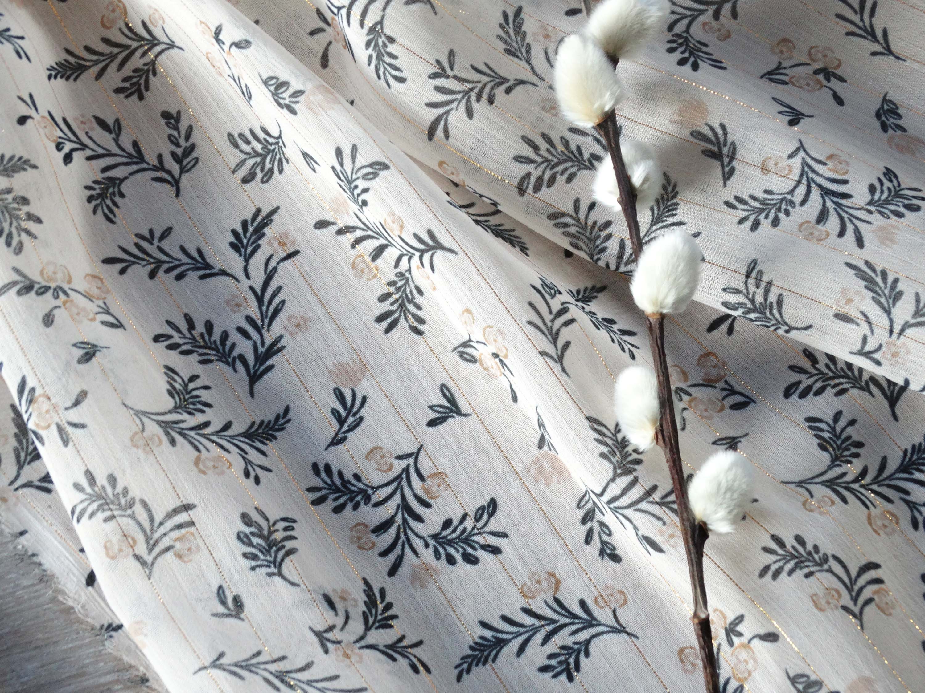 Voile lurex or - Imprimé Marais - Ivoire Nude et Noir (Coupons)
