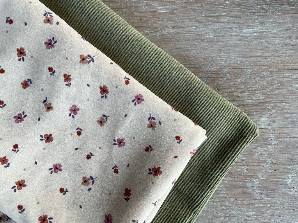 Tissu crêpe recyclé - Imprimé Lucile - Ivoire et Caramel (Coupon)